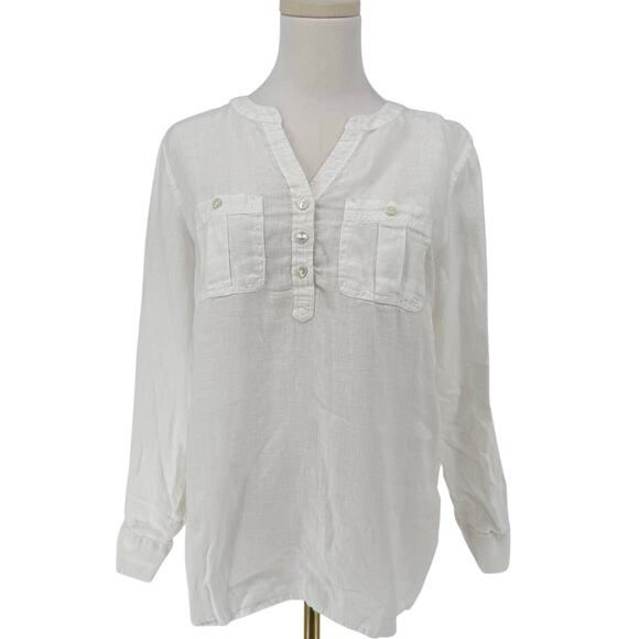 Talbots White Linen Button Front Shirt Size M Petite Casual Coastal Summer - Picture 1 of 8